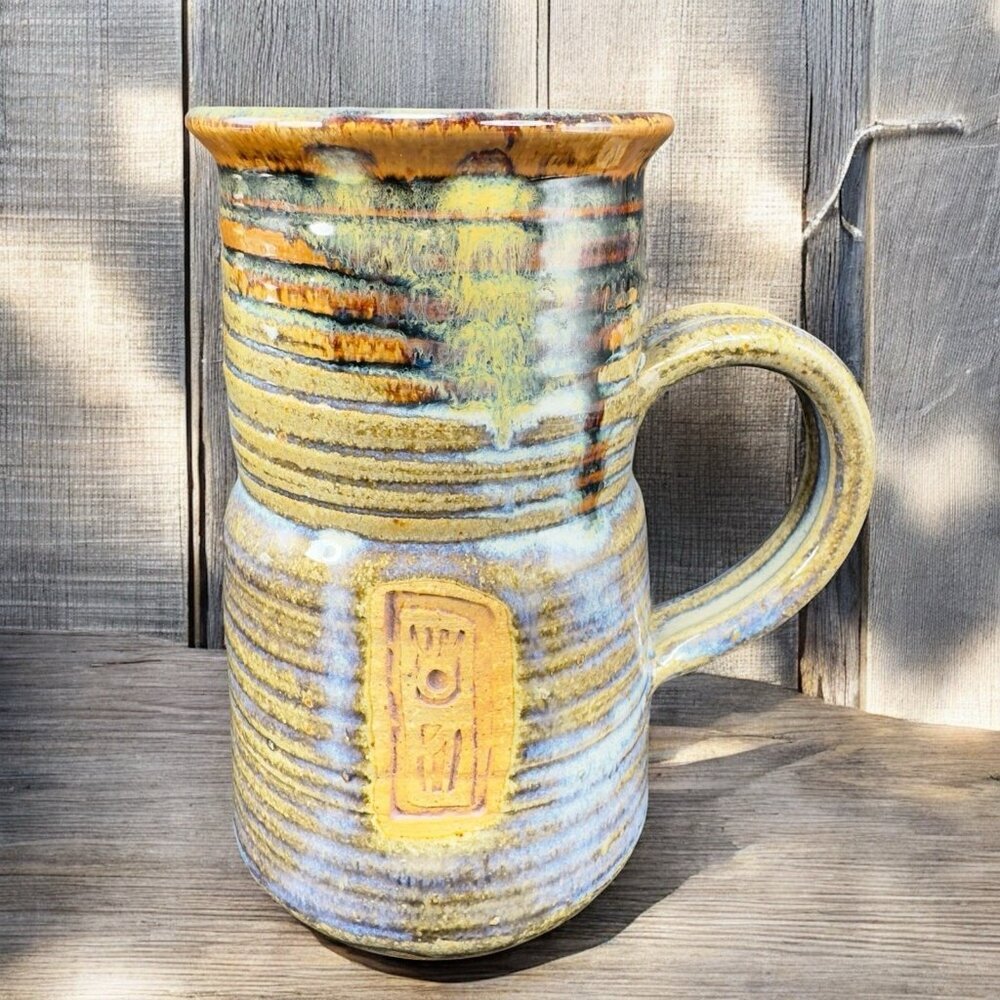 Vintage Hand Made Studio Pottery Tall Beer Mug Cup Coffee Mug Cup Artist Signed‎